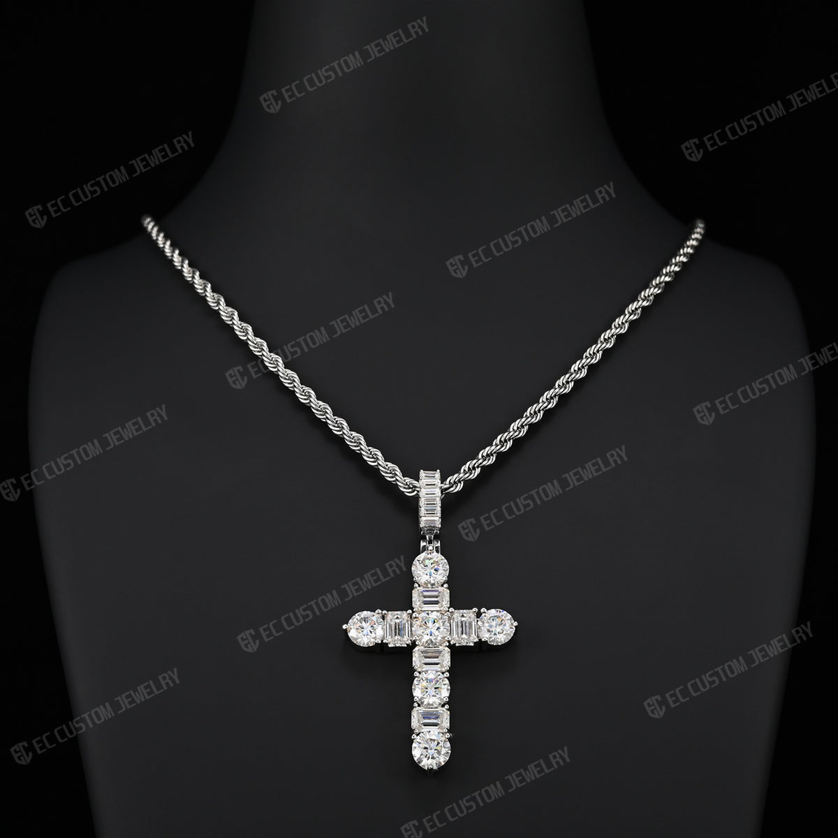 Iced Out Emerald Round Cut Cross Pendant 925 Sterling Silver Moissanite EC Custom Jewelry 1