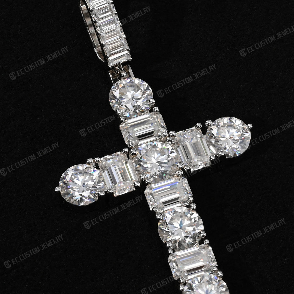 Iced Out Emerald Round Cut Cross Pendant 925 Sterling Silver Moissanite EC Custom Jewelry 3