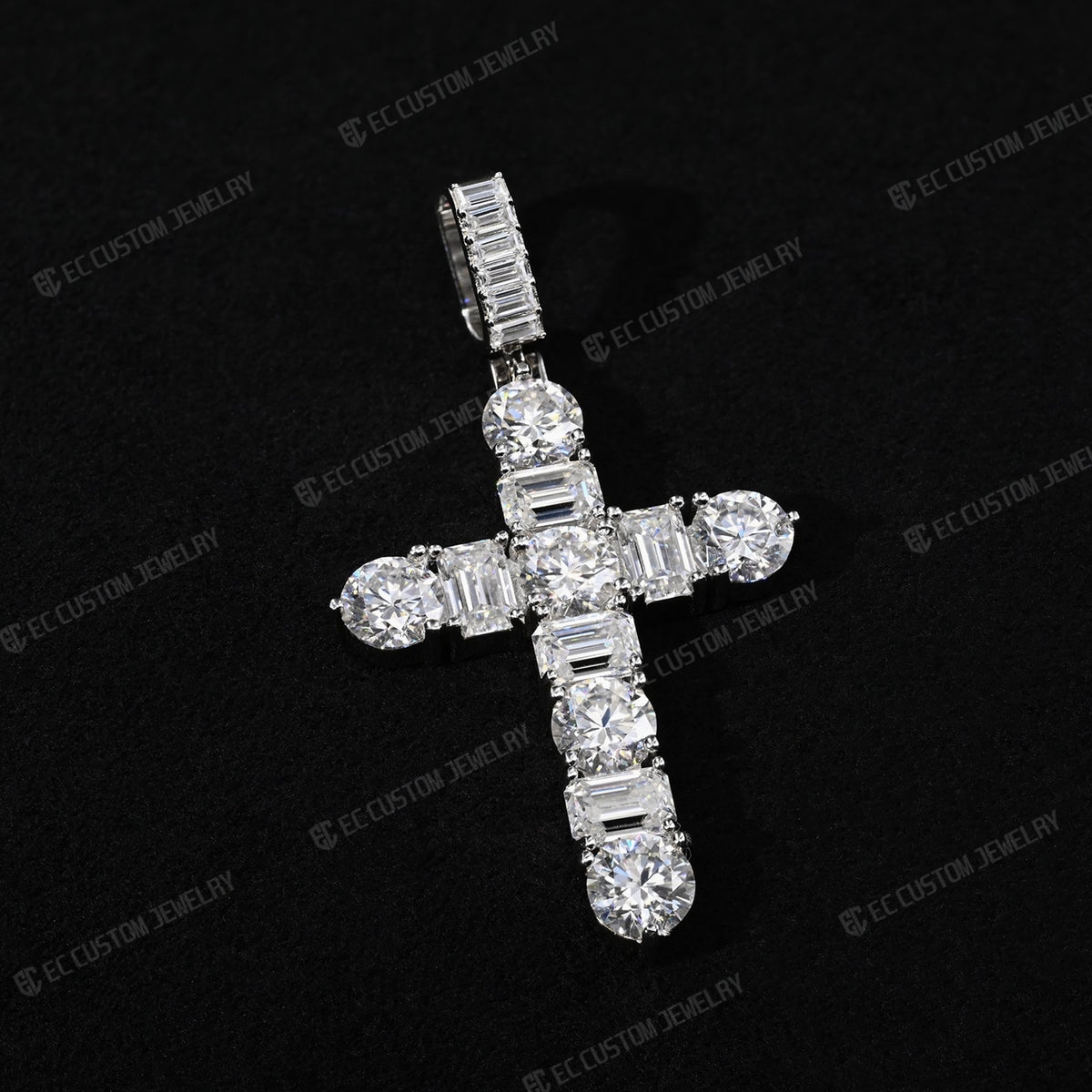 Iced Out Emerald Round Cut Cross Pendant 925 Sterling Silver Moissanite EC Custom Jewelry 6
