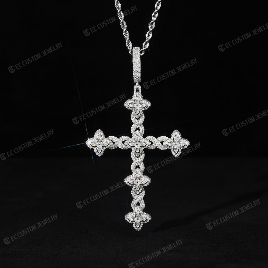 Iced Out Twisted Floral Cross Pendant Moissanite Jewelry 3