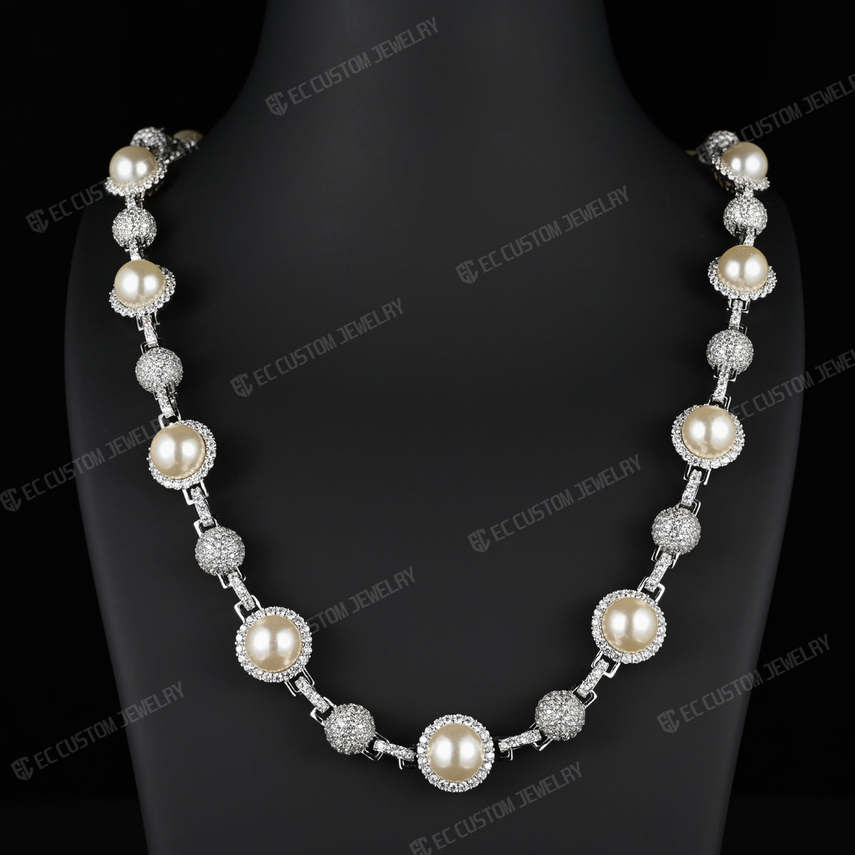 Utopia Fully Iced Out White Pearl Beaded Necklace Chain White Gold Link For Men Hip Hop Jewelry