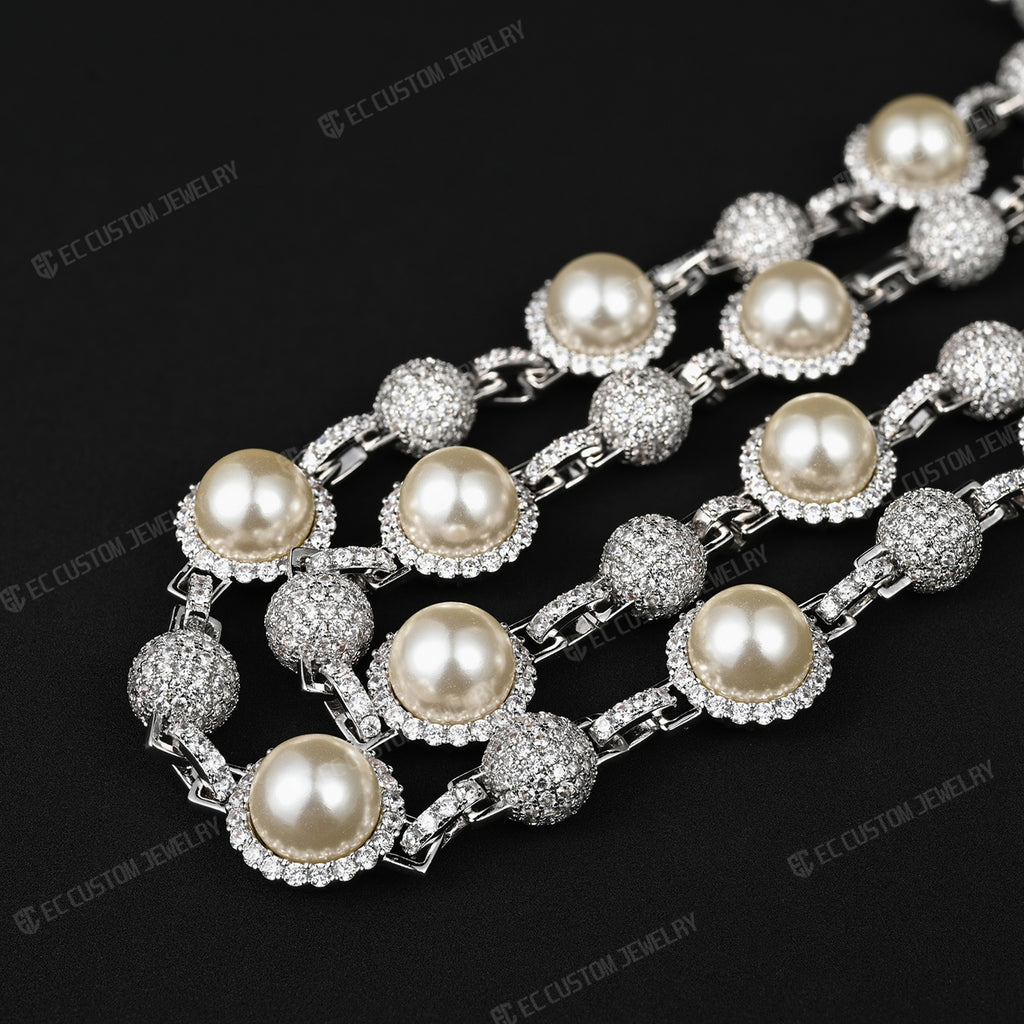 Utopia Fully Iced Out White Pearl Beaded Necklace Chain White Gold Link For Men Hip Hop Jewelry